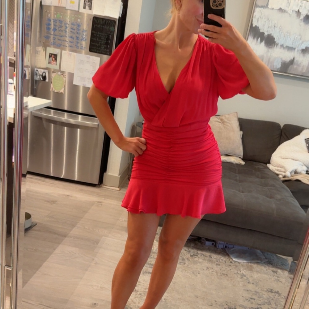 Hot Pink Ruched Puff Sleeve Mini Dress